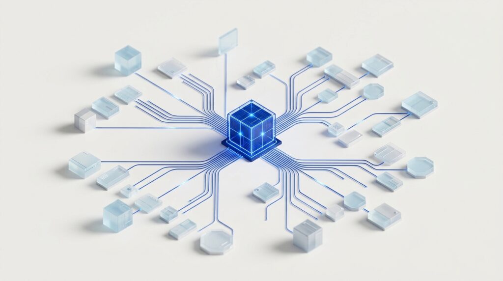 Abstract illustration of a WordPress site connected to an AI assistant through a network of glowing blue lines