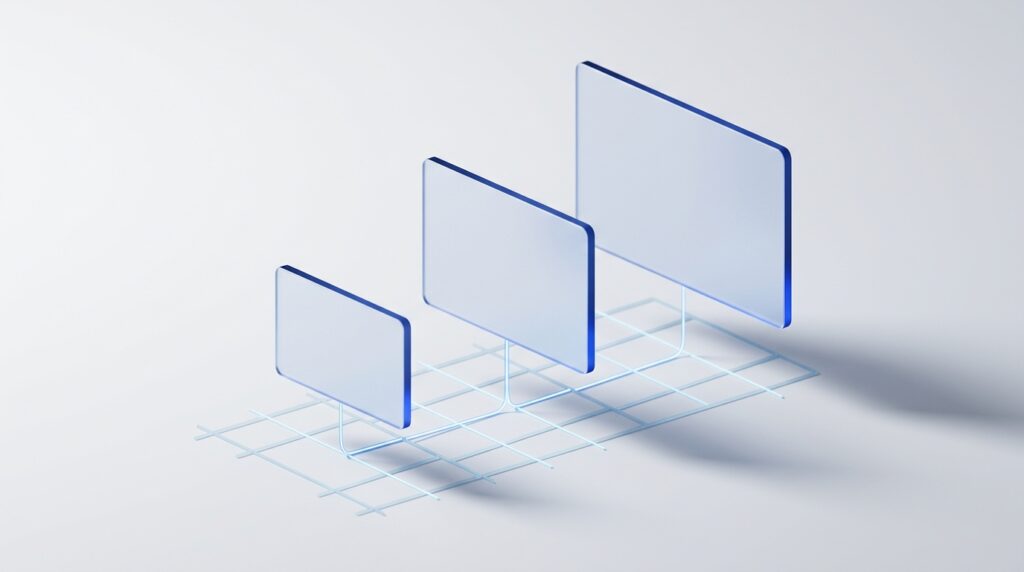 Abstract illustration of three translucent blue panels of different sizes representing different WordPress AI building options