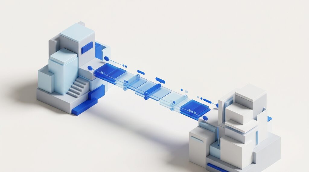 Abstract illustration of two systems linked by a secure connection, shown as glowing blue nodes joined by a bridge of light